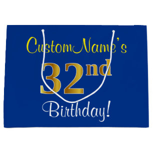Elegant, Blue, Faux Gold 32nd Birthday + Name Large Gift Bag