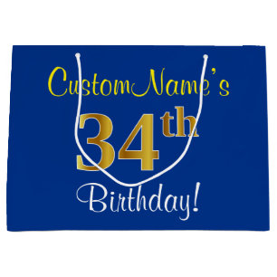 Elegant, Blue, Faux Gold 34th Birthday + Name Large Gift Bag