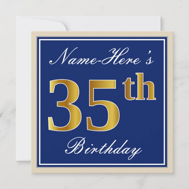Elegant, Blue, Faux Gold 35th Birthday + Name Invitation (Front)