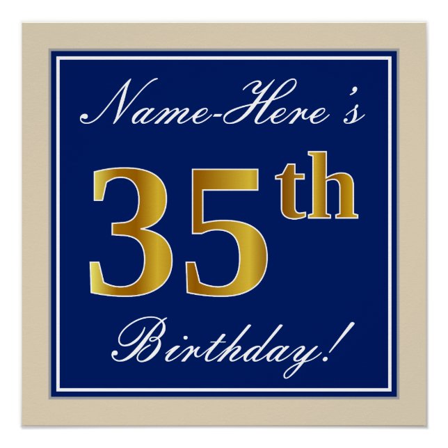 Elegant, Blue, Faux Gold 35th Birthday + Name Poster (Front)