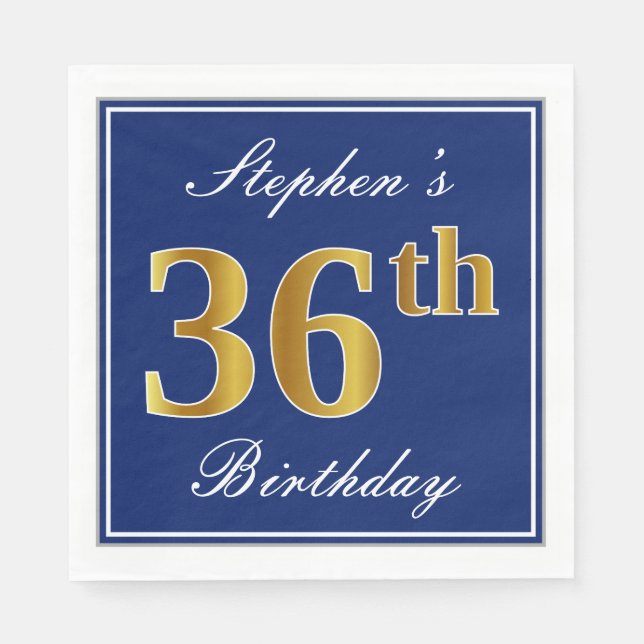 Elegant Blue, Faux Gold 36th Birthday; Custom Name Napkin (Front)
