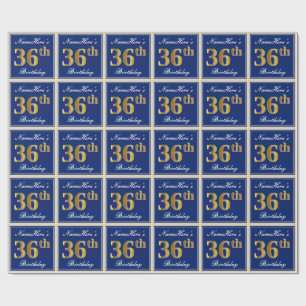 Elegant, Blue, Faux Gold 36th Birthday + Name Wrapping Paper