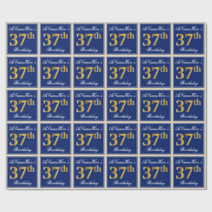 Elegant, Blue, Faux Gold 37th Birthday + Name Wrapping Paper
