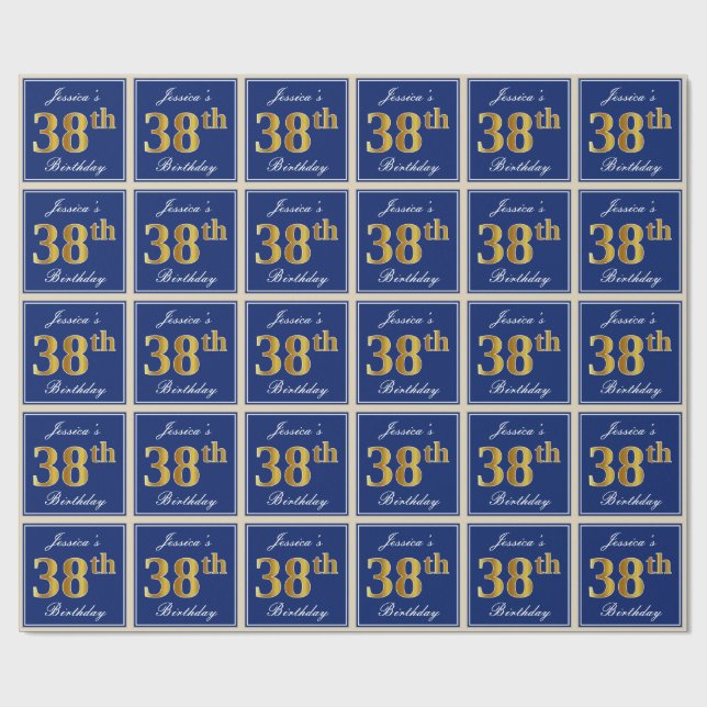 Elegant, Blue, Faux Gold 38th Birthday + Name Wrapping Paper (Flat)