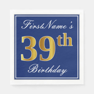 Elegant Blue, Faux Gold 39th Birthday; Custom Name Napkin