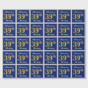 Elegant, Blue, Faux Gold 39th Birthday + Name Wrapping Paper