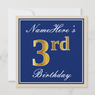 Elegant, Blue, Faux Gold 3rd Birthday; Custom Name Invitation