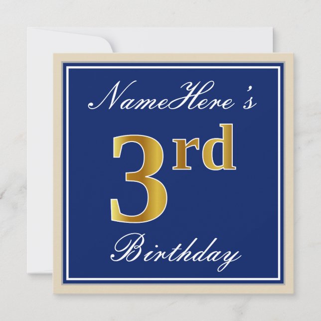 Elegant, Blue, Faux Gold 3rd Birthday; Custom Name Invitation (Front)