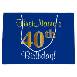 Elegant, Blue, Faux Gold 40th Birthday + Name Large Gift Bag