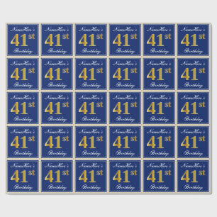 Elegant, Blue, Faux Gold 41st Birthday + Name Wrapping Paper