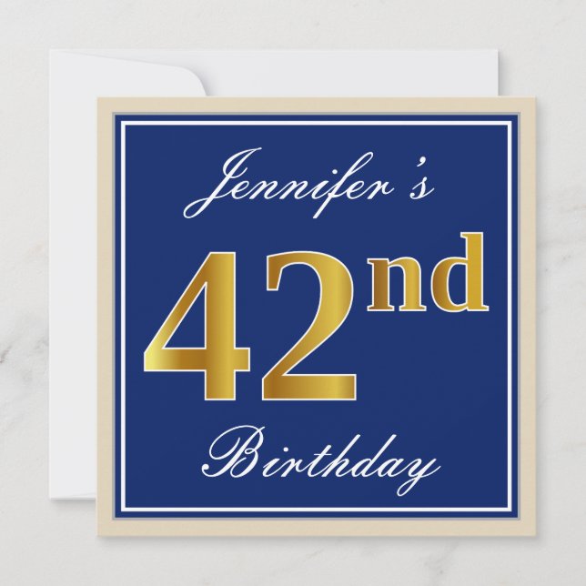 Elegant, Blue, Faux Gold 42nd Birthday + Name Invitation (Front)