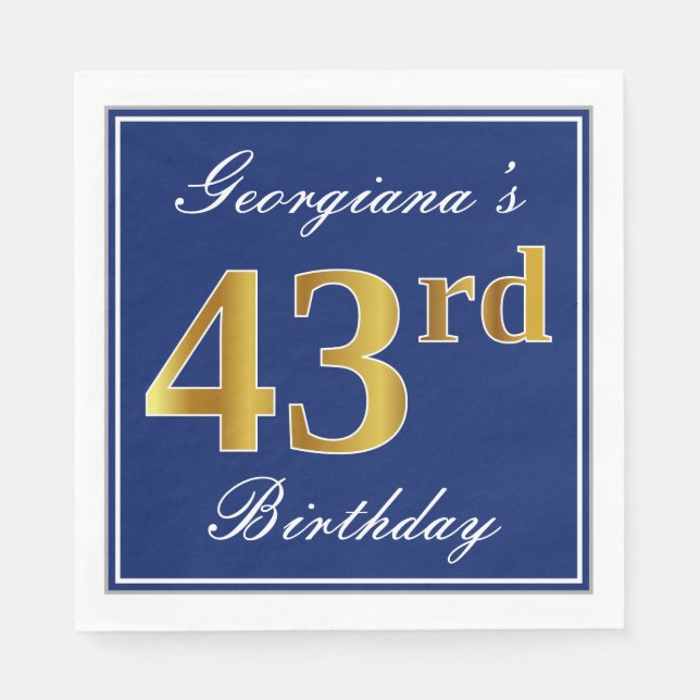 Elegant Blue, Faux Gold 43rd Birthday; Custom Name Napkin (Front)