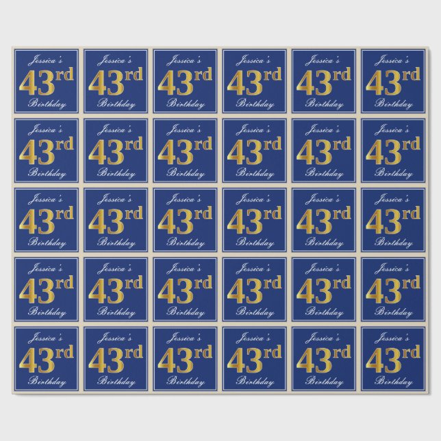 Elegant, Blue, Faux Gold 43rd Birthday + Name Wrapping Paper (Flat)