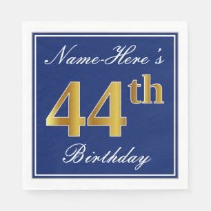 Elegant Blue, Faux Gold 44th Birthday; Custom Name Napkin