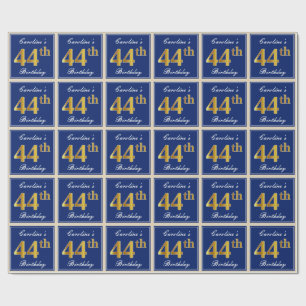 Elegant, Blue, Faux Gold 44th Birthday + Name Wrapping Paper