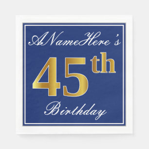 Elegant Blue, Faux Gold 45th Birthday; Custom Name Napkin