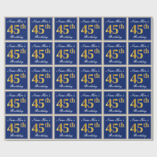 Elegant, Blue, Faux Gold 45th Birthday + Name Wrapping Paper