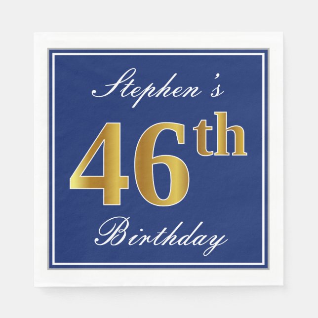 Elegant Blue, Faux Gold 46th Birthday; Custom Name Napkin (Front)