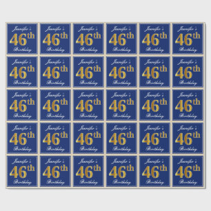 Elegant, Blue, Faux Gold 46th Birthday + Name Wrapping Paper