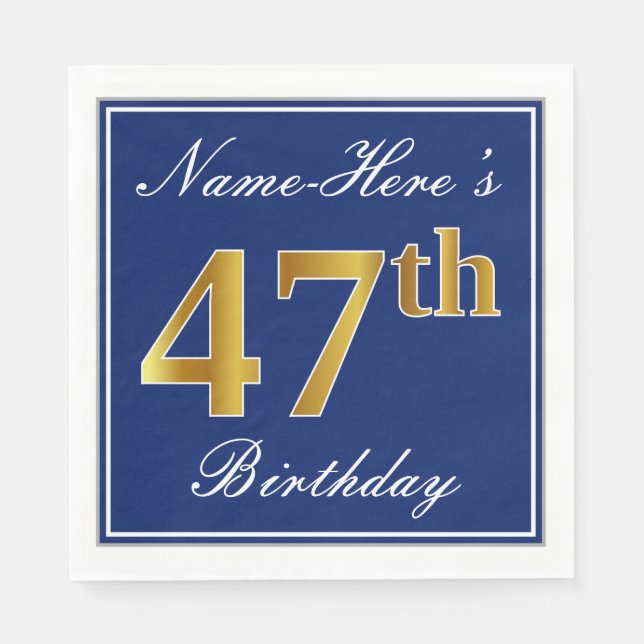 Elegant Blue, Faux Gold 47th Birthday; Custom Name Napkin (Front)