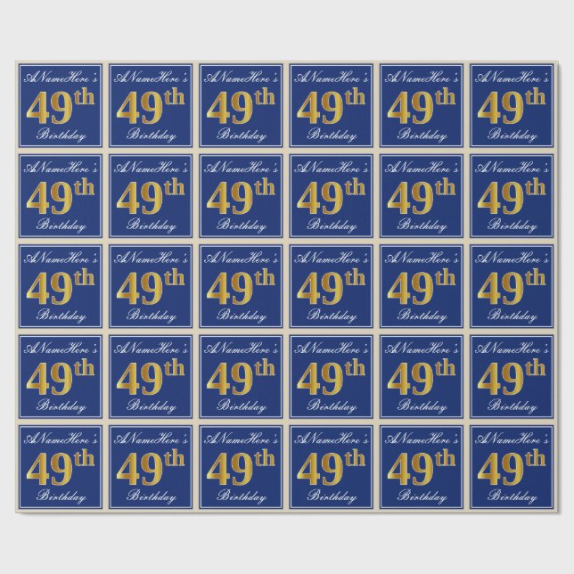 Elegant, Blue, Faux Gold 49th Birthday + Name Wrapping Paper (Flat)