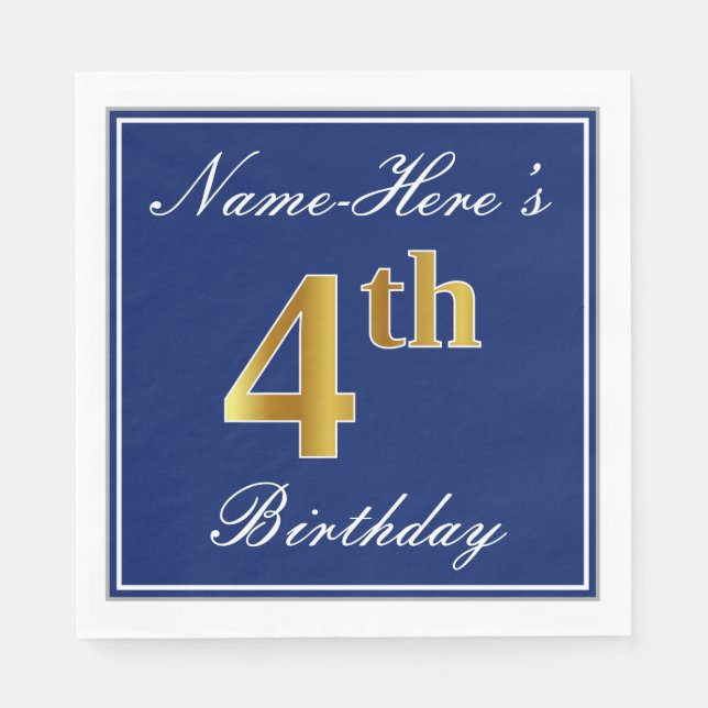 Elegant Blue, Faux Gold 4th Birthday + Custom Name Napkin (Front)