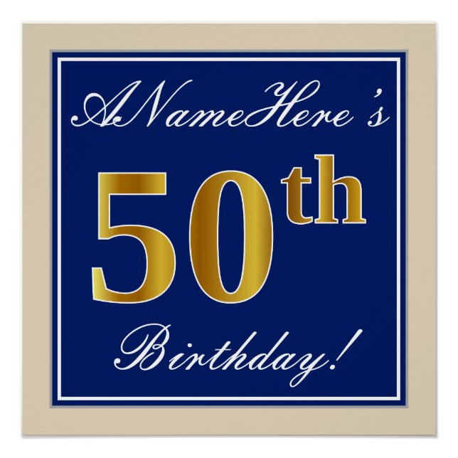 Elegant, Blue, Faux Gold 50th Birthday + Name Poster (Front)