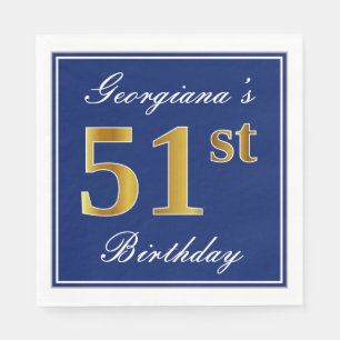 Elegant Blue, Faux Gold 51st Birthday; Custom Name Napkin