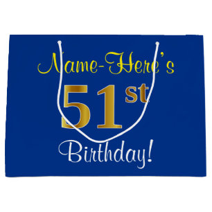 Elegant, Blue, Faux Gold 51st Birthday + Name Large Gift Bag