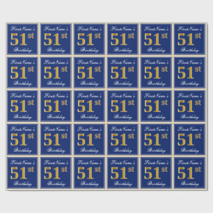Elegant, Blue, Faux Gold 51st Birthday + Name Wrapping Paper