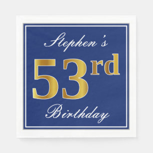 Elegant Blue, Faux Gold 53rd Birthday; Custom Name Napkin