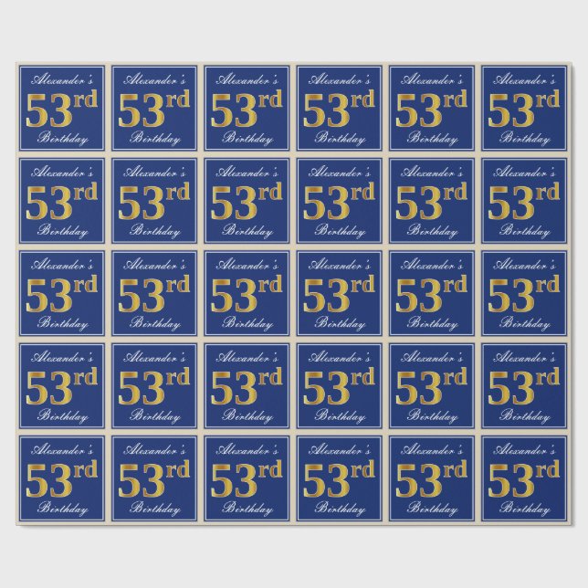 Elegant, Blue, Faux Gold 53rd Birthday + Name Wrapping Paper (Flat)