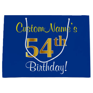 Elegant, Blue, Faux Gold 54th Birthday + Name Large Gift Bag