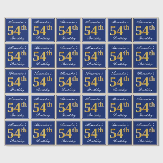 Elegant, Blue, Faux Gold 54th Birthday + Name Wrapping Paper (Flat)