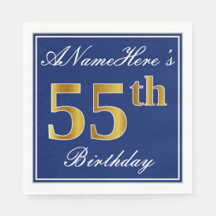 Elegant Blue, Faux Gold 55th Birthday; Custom Name Napkin