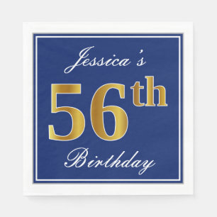 Elegant Blue, Faux Gold 56th Birthday; Custom Name Napkin