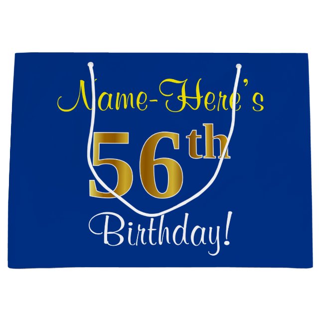 Elegant, Blue, Faux Gold 56th Birthday + Name Large Gift Bag (Front)