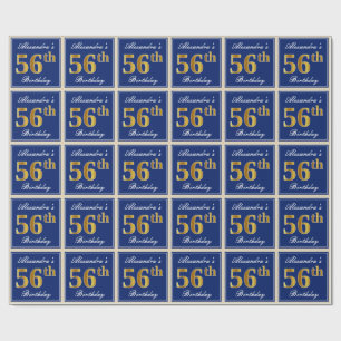 Elegant, Blue, Faux Gold 56th Birthday + Name Wrapping Paper