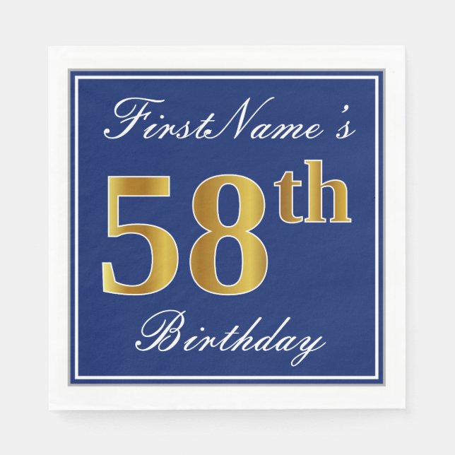 Elegant Blue, Faux Gold 58th Birthday; Custom Name Napkin (Front)