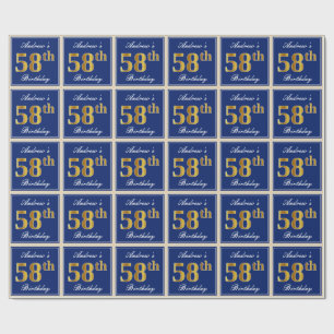 Elegant, Blue, Faux Gold 58th Birthday + Name Wrapping Paper