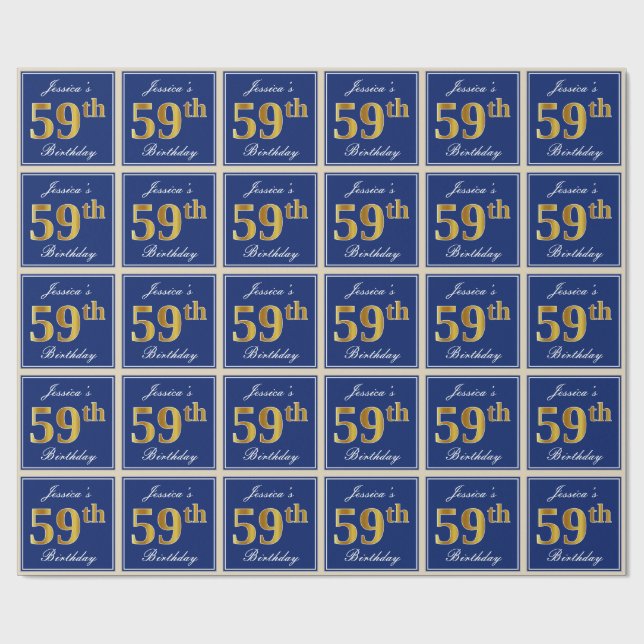 Elegant, Blue, Faux Gold 59th Birthday + Name Wrapping Paper (Flat)