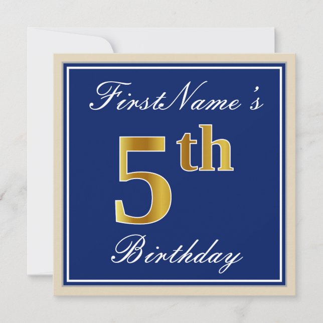 Elegant, Blue, Faux Gold 5th Birthday; Custom Name Invitation (Front)