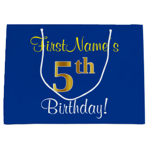 Elegant, Blue, Faux Gold 5th Birthday; Custom Name Large Gift Bag
