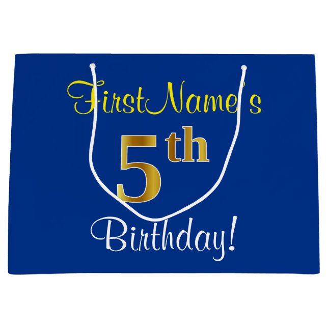 Elegant, Blue, Faux Gold 5th Birthday; Custom Name Large Gift Bag (Front)