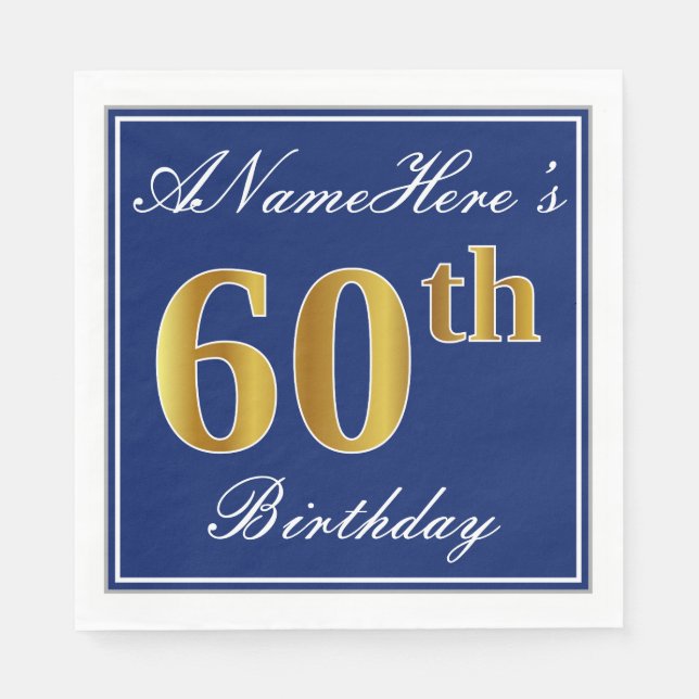 Elegant Blue, Faux Gold 60th Birthday; Custom Name Napkin (Front)