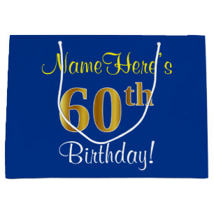 Elegant, Blue, Faux Gold 60th Birthday + Name Large Gift Bag