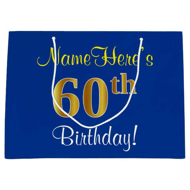Elegant, Blue, Faux Gold 60th Birthday + Name Large Gift Bag (Front)