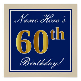 Elegant, Blue, Faux Gold 60th Birthday + Name Poster