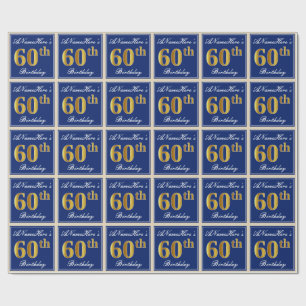Elegant, Blue, Faux Gold 60th Birthday + Name Wrapping Paper