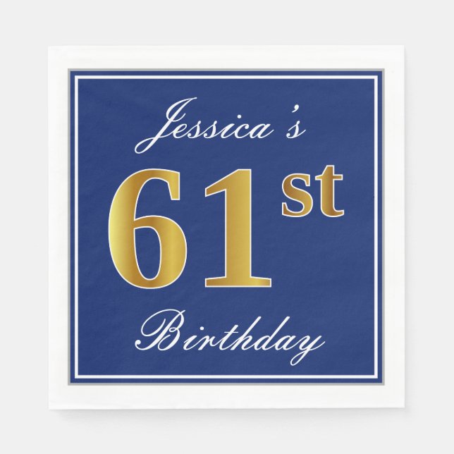 Elegant Blue, Faux Gold 61st Birthday; Custom Name Napkin (Front)